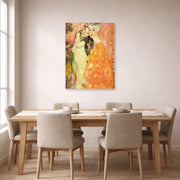 Unframed poster print of Gustav Klimt's 'Freundinnen' displayed on a wall in a dining room