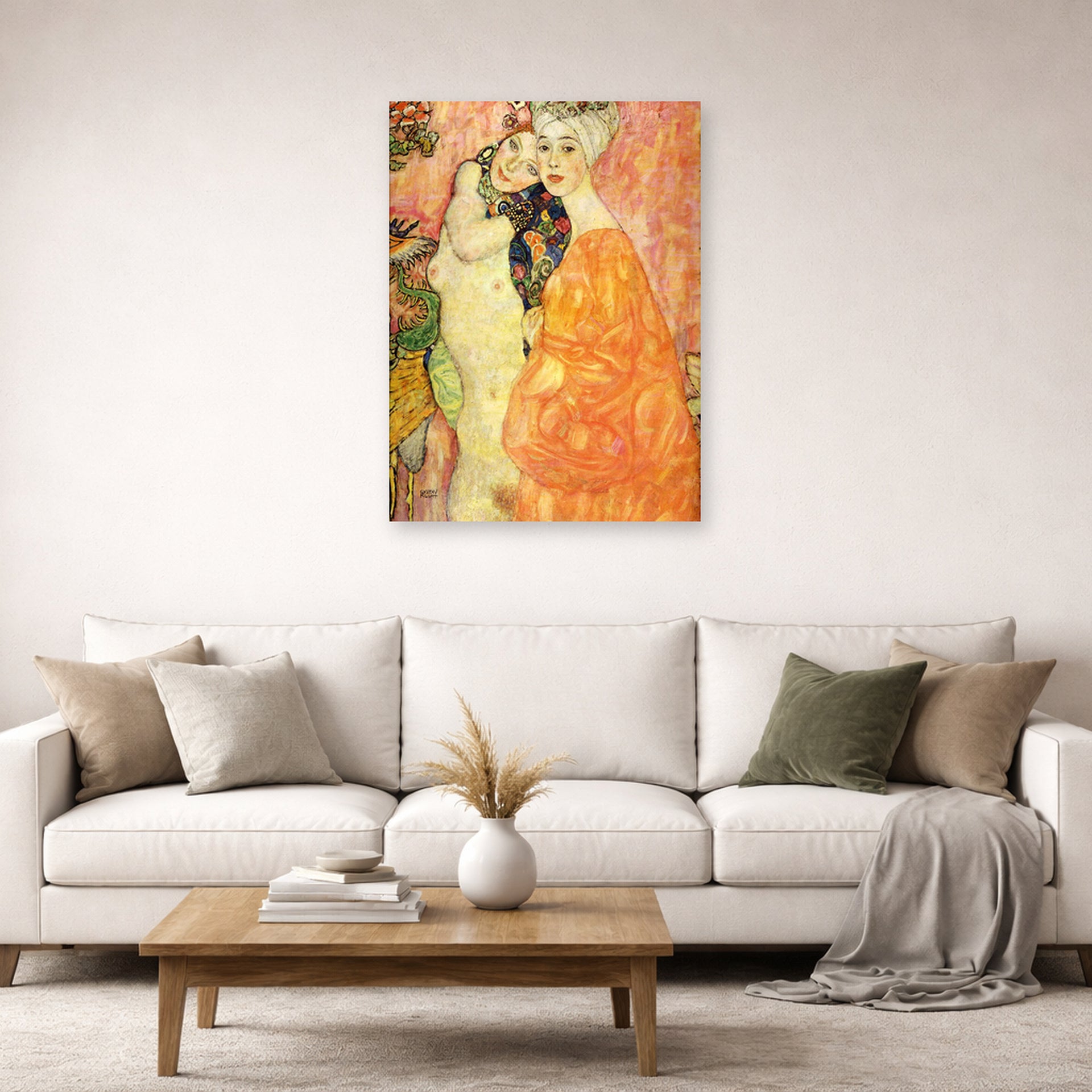 Unframed poster print of Gustav Klimt's 'Freundinnen' displayed on a wall in a living room (image 2 of 2)