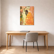 Unframed poster print of Gustav Klimt's 'Freundinnen' displayed on a wall in an office