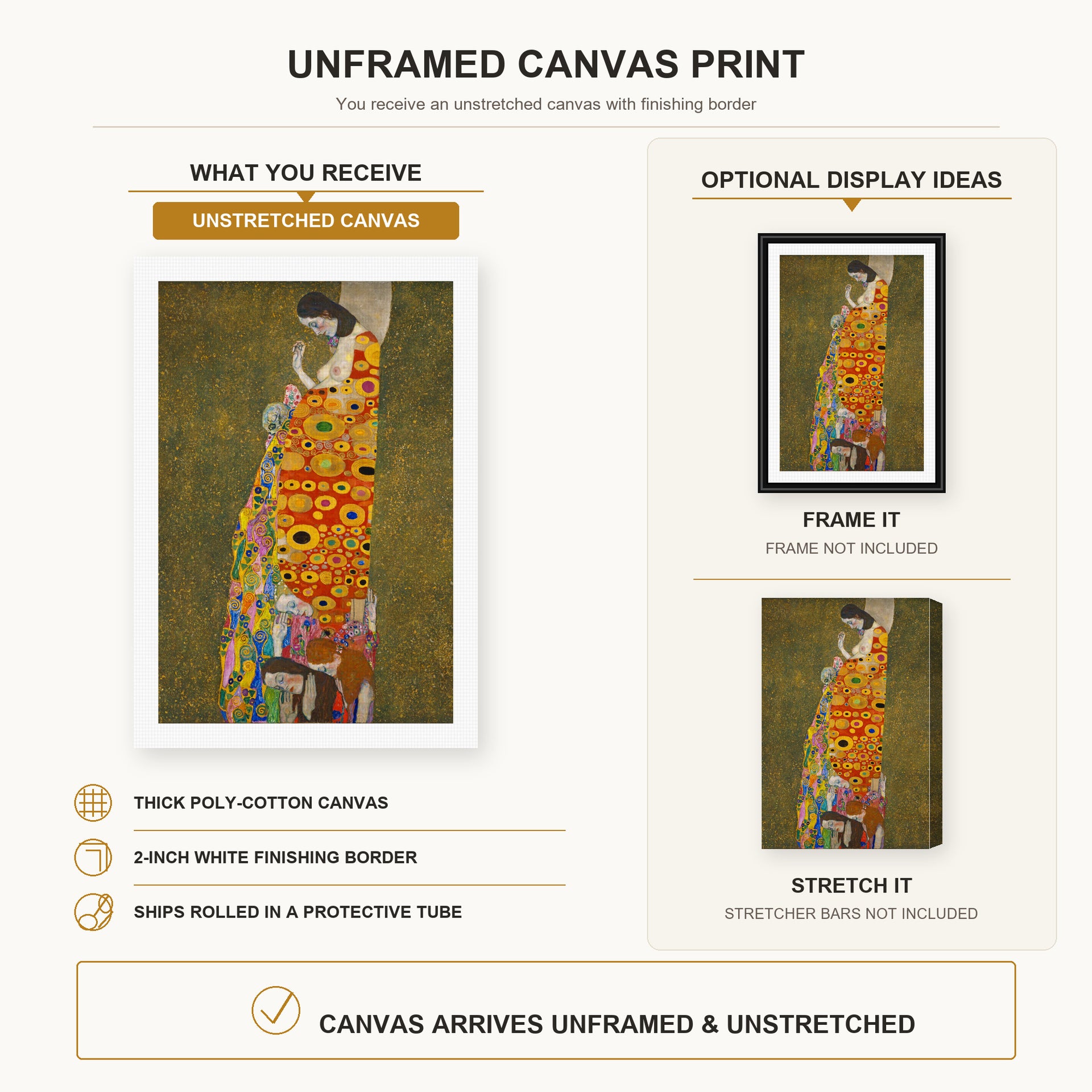 Gustav Klimt - Hope II 1907 canvas print size comparison and framing display infographic