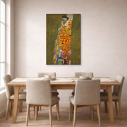 Gallery-wrapped canvas print of Gustav Klimt's 'Hope II 1907' displayed on a wall in a dining room