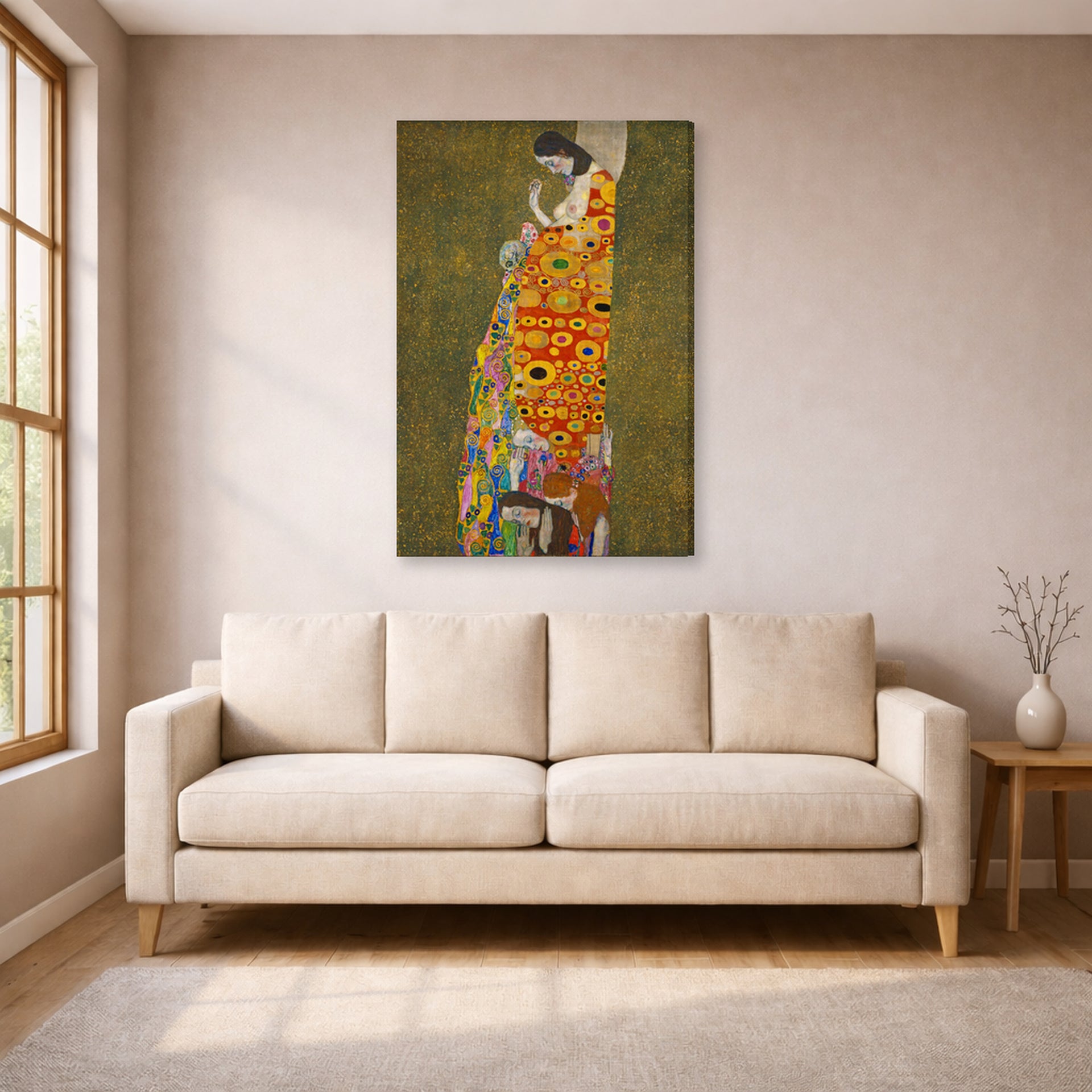 Gallery-wrapped canvas print of Gustav Klimt's 'Hope II 1907' displayed on a wall in a living room (image 1 of 2)