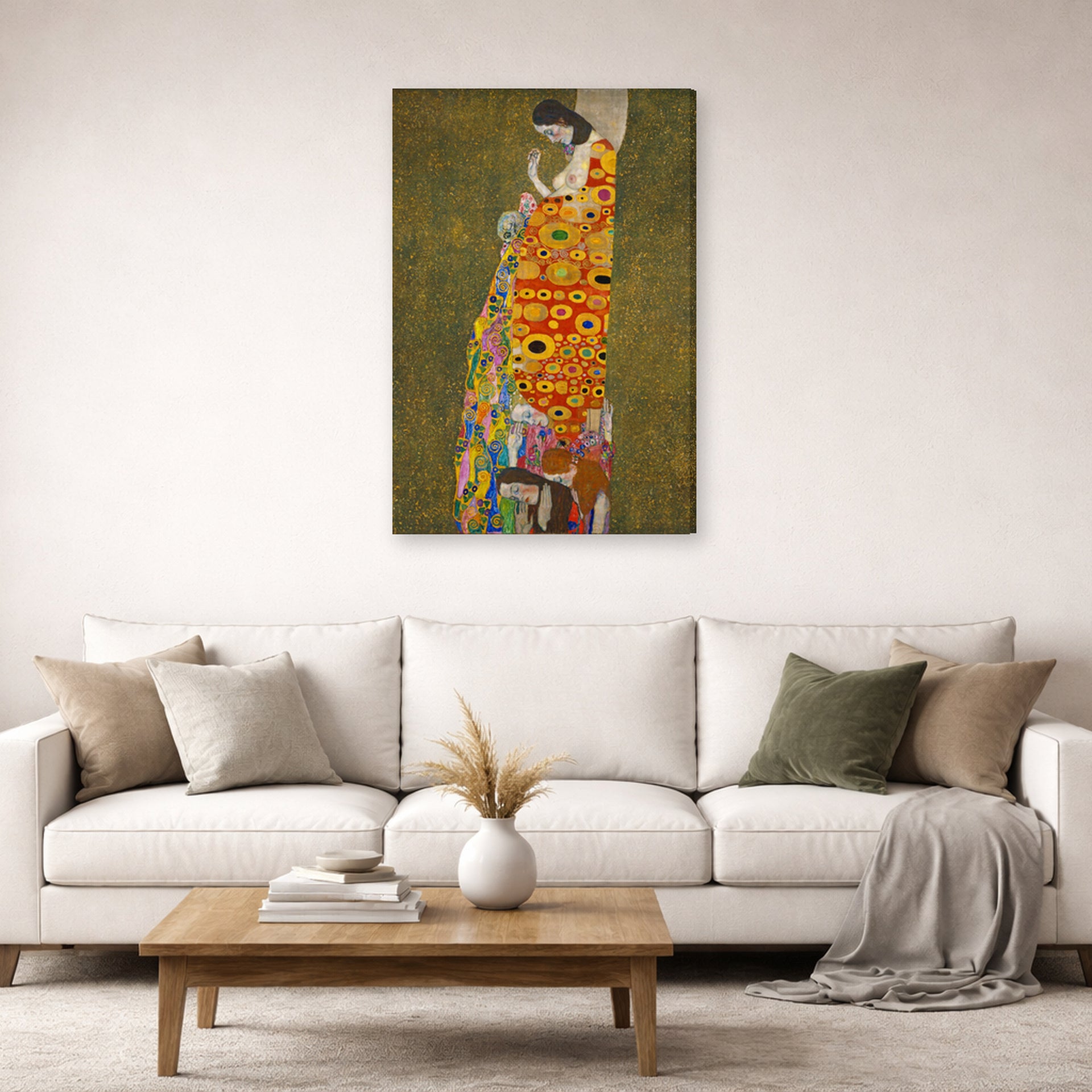 Gallery-wrapped canvas print of Gustav Klimt's 'Hope II 1907' displayed on a wall in a living room (image 2 of 2)