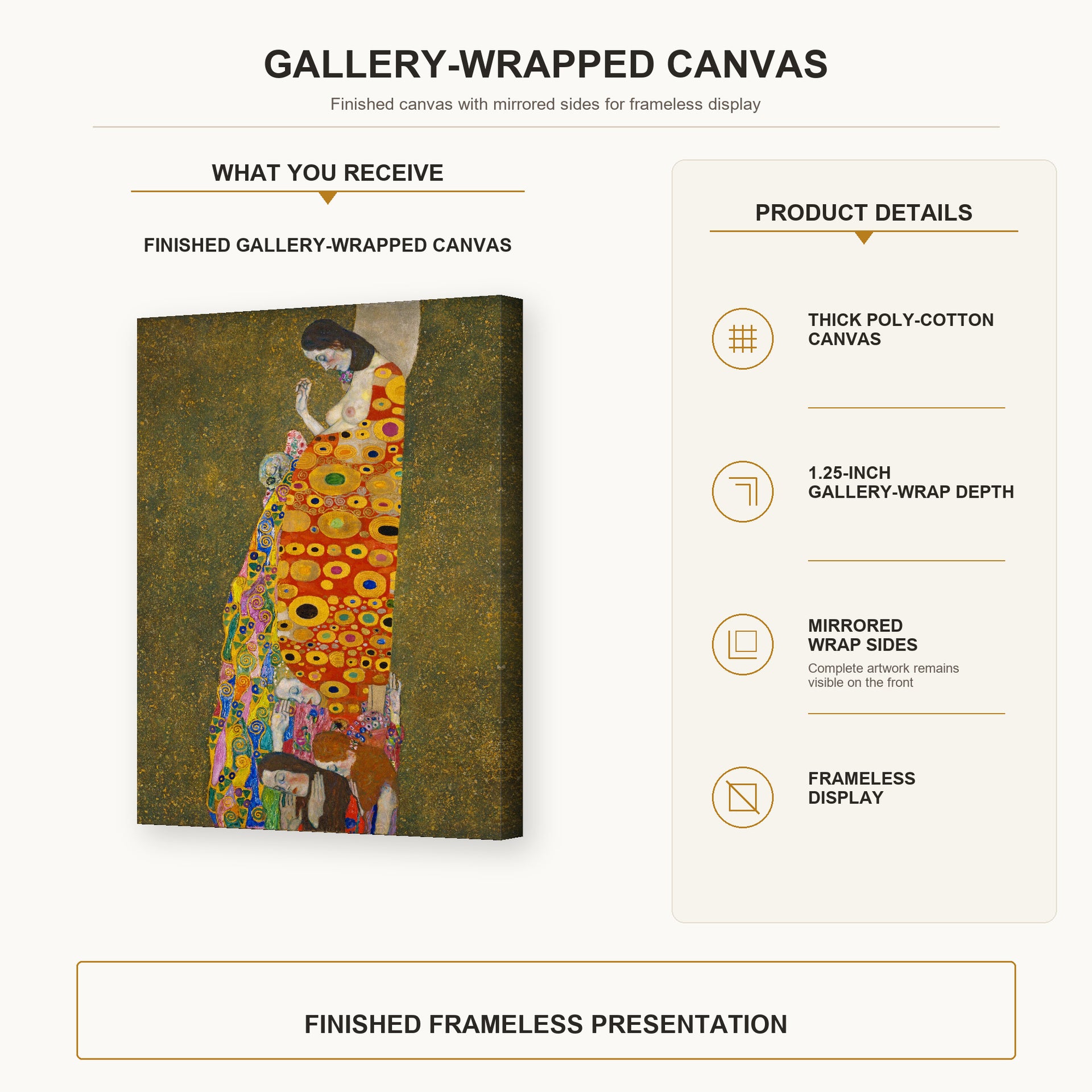 Gustav Klimt - Hope II 1907 gallery wrap canvas construction and hanging details infographic
