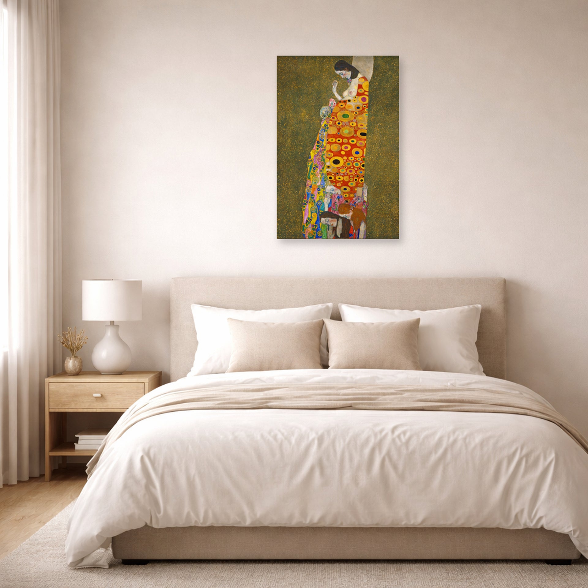Unframed poster print of Gustav Klimt's 'Hope II 1907' displayed on a wall in a bedroom