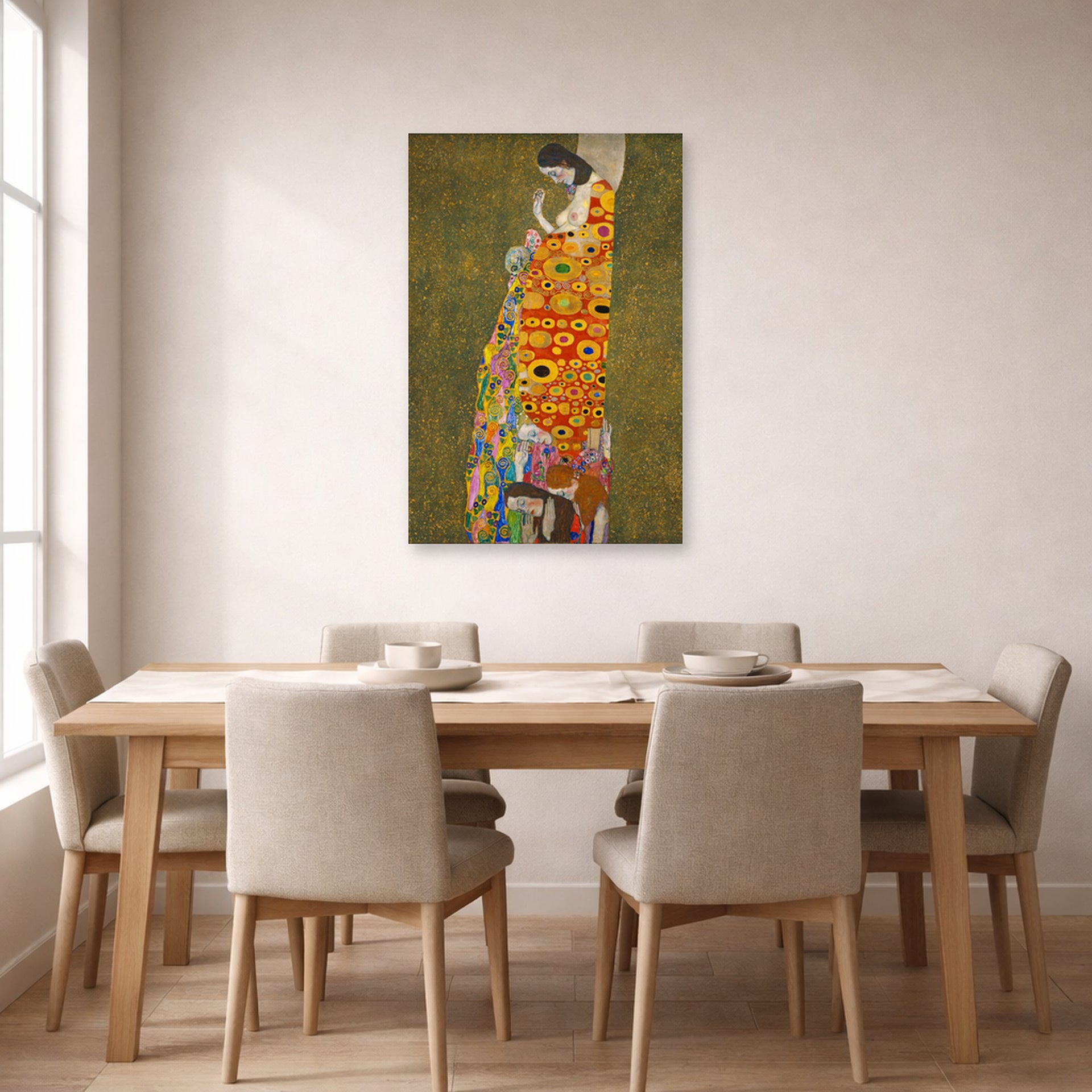 Unframed poster print of Gustav Klimt's 'Hope II 1907' displayed on a wall in a dining room