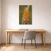 Unframed poster print of Gustav Klimt's 'Hope II 1907' displayed on a wall in an office
