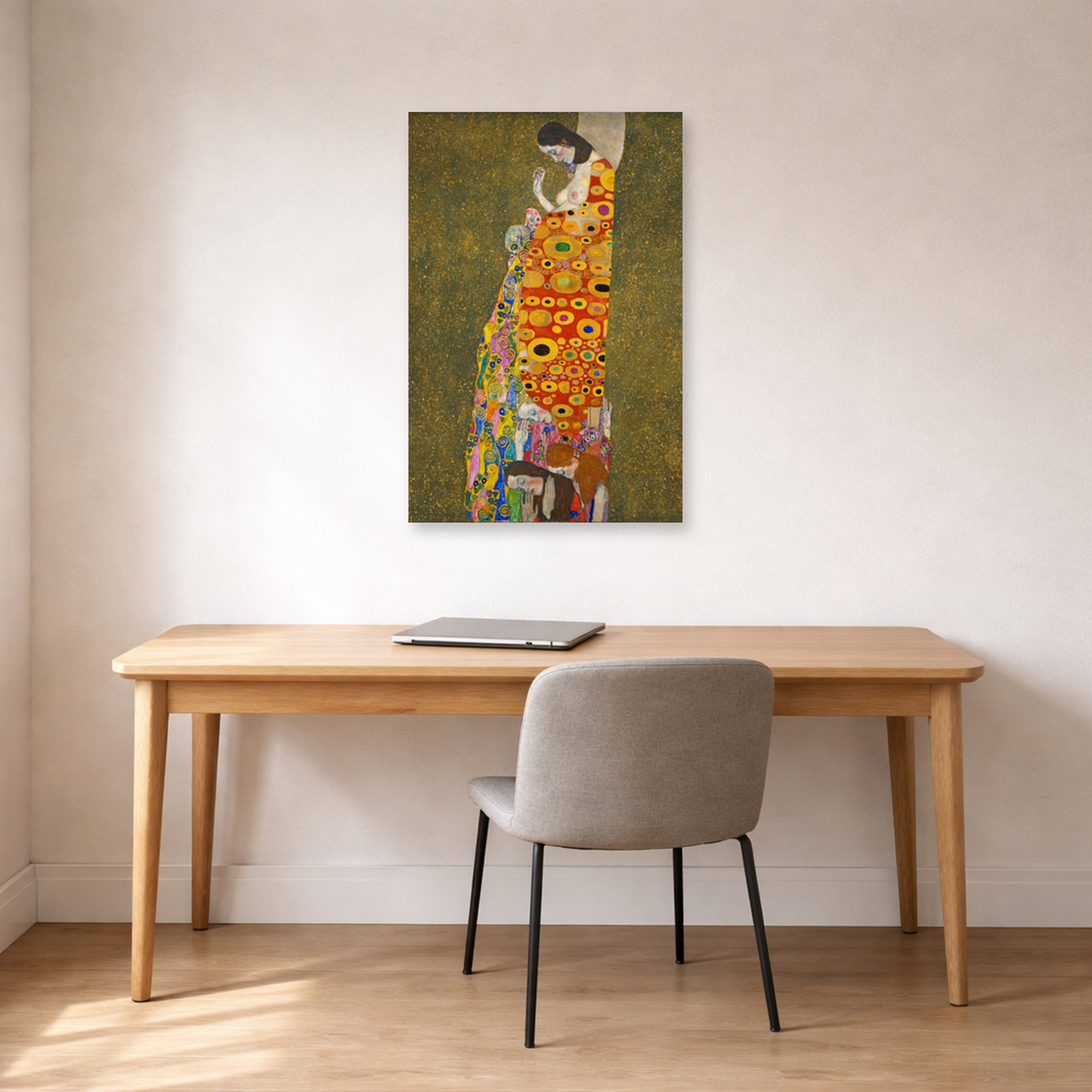 Unframed poster print of Gustav Klimt's 'Hope II 1907' displayed on a wall in an office