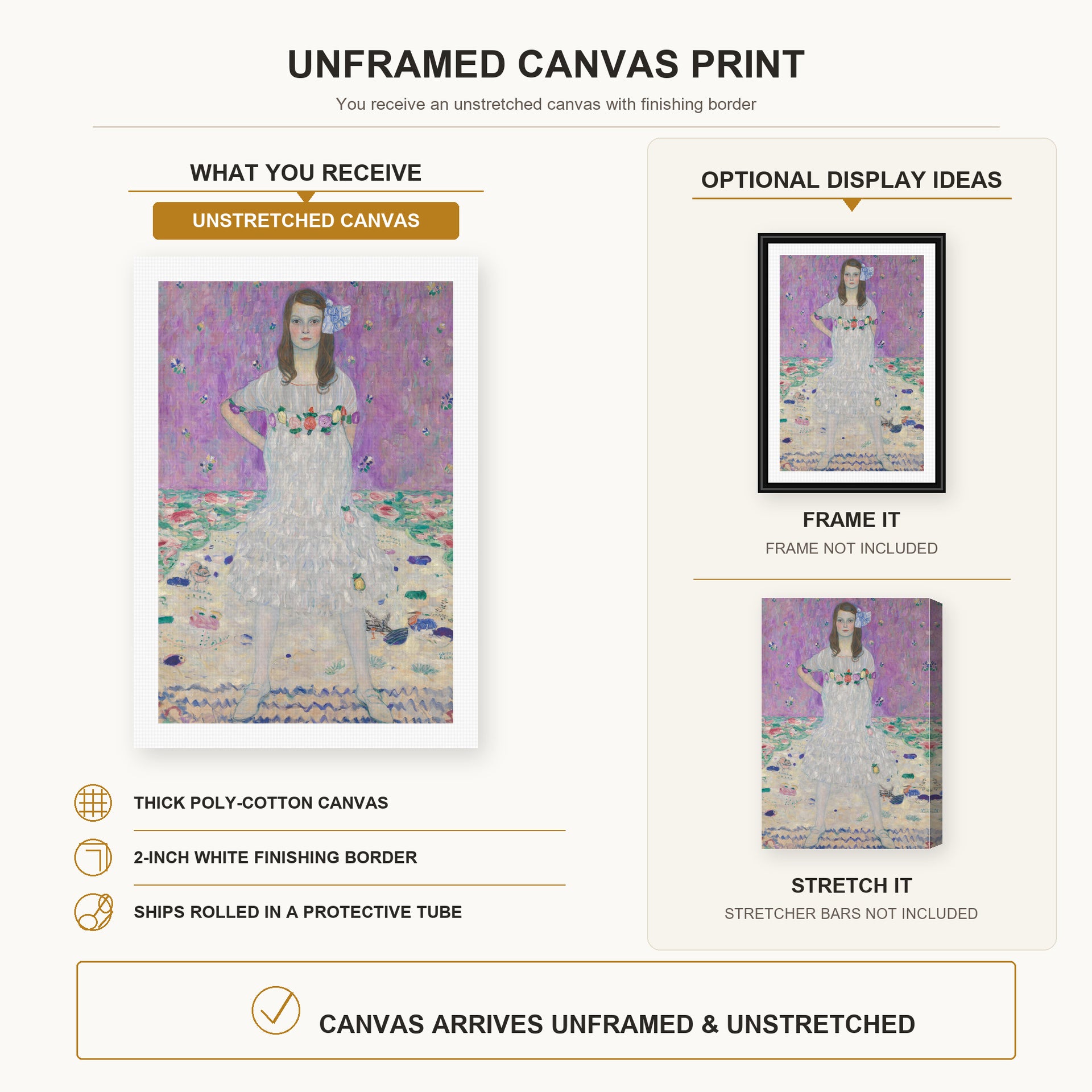 Gustav Klimt - Mäda Primavesi canvas print size comparison and framing display infographic
