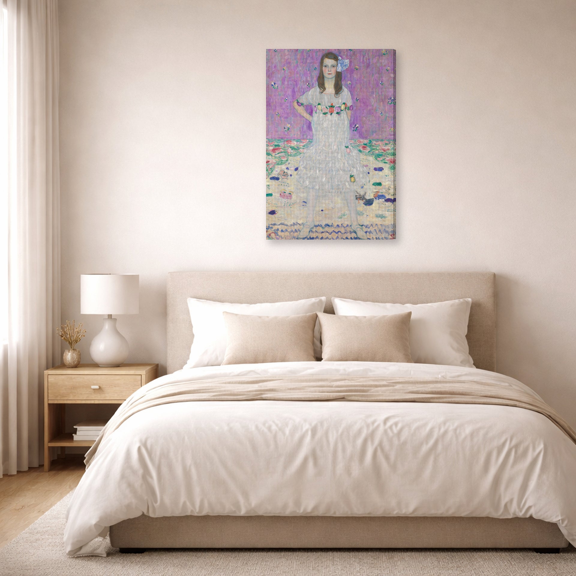 Gallery-wrapped canvas print of Gustav Klimt's 'Mäda Primavesi' displayed on a wall in a bedroom