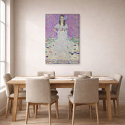 Gallery-wrapped canvas print of Gustav Klimt's 'Mäda Primavesi' displayed on a wall in a dining room