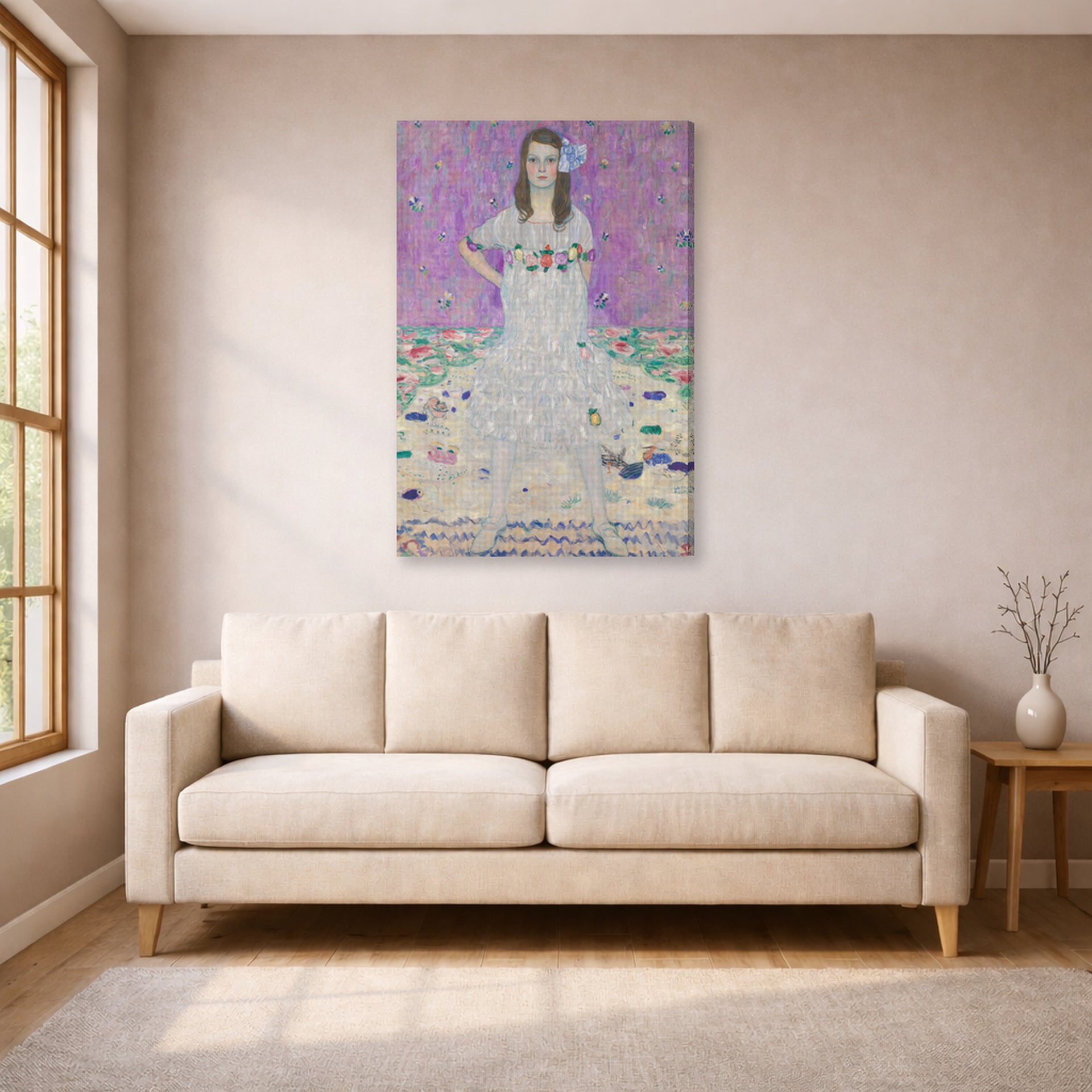 Gallery-wrapped canvas print of Gustav Klimt's 'Mäda Primavesi' displayed on a wall in a living room (image 1 of 2)