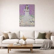 Gallery-wrapped canvas print of Gustav Klimt's 'Mäda Primavesi' displayed on a wall in a living room (image 2 of 2)