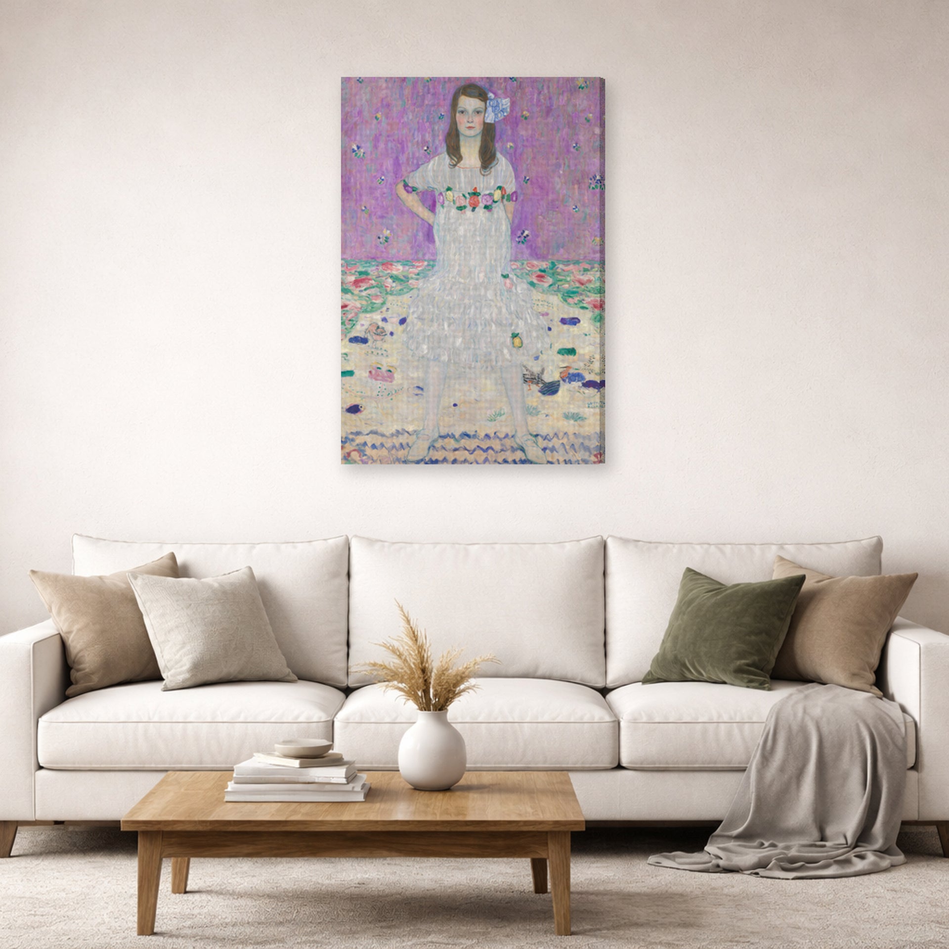 Gallery-wrapped canvas print of Gustav Klimt's 'Mäda Primavesi' displayed on a wall in a living room (image 2 of 2)