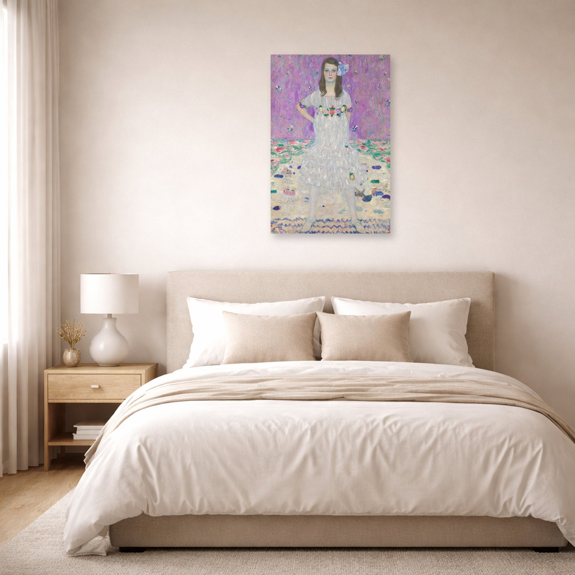 Unframed poster print of Gustav Klimt's 'Mäda Primavesi' displayed on a wall in a bedroom