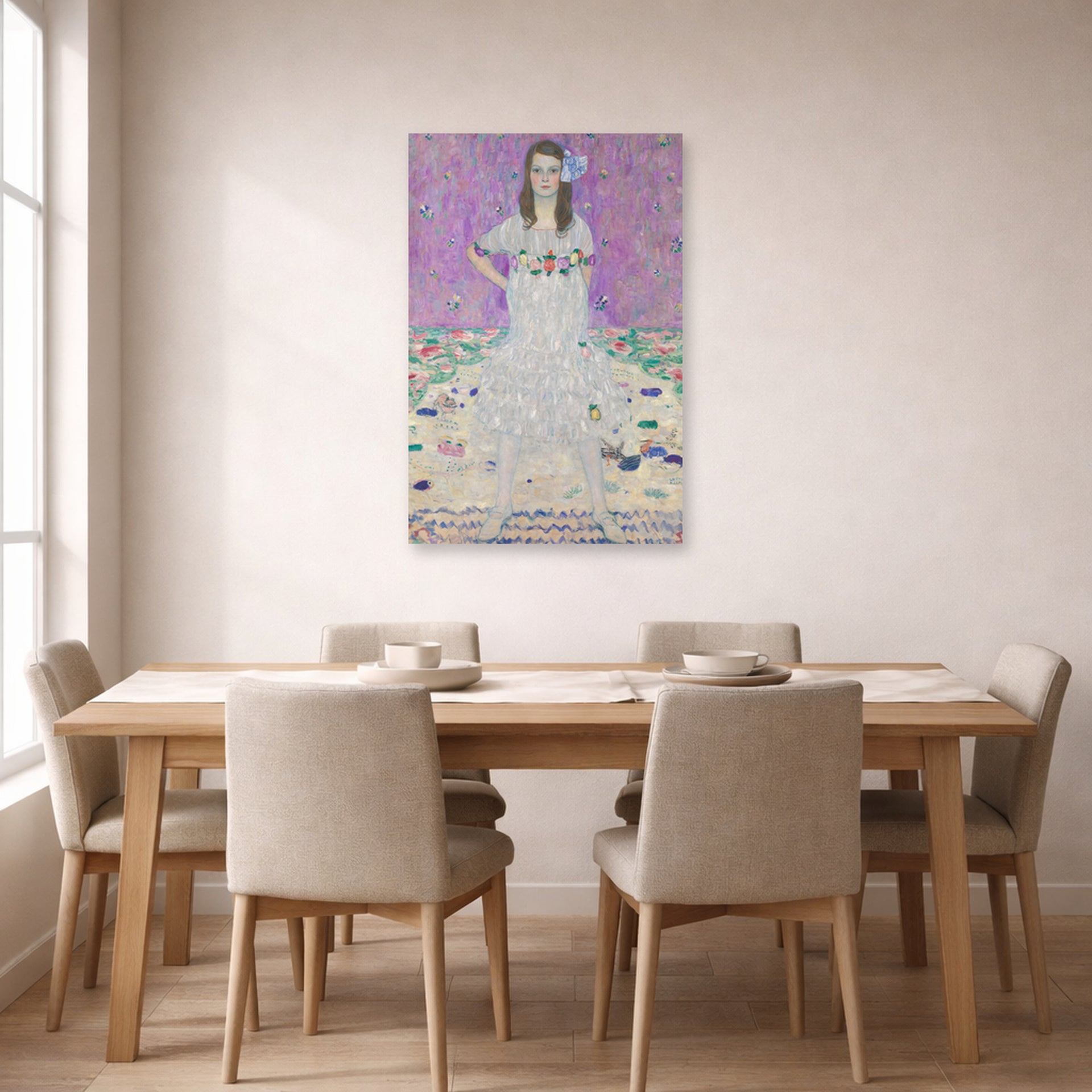 Unframed poster print of Gustav Klimt's 'Mäda Primavesi' displayed on a wall in a dining room