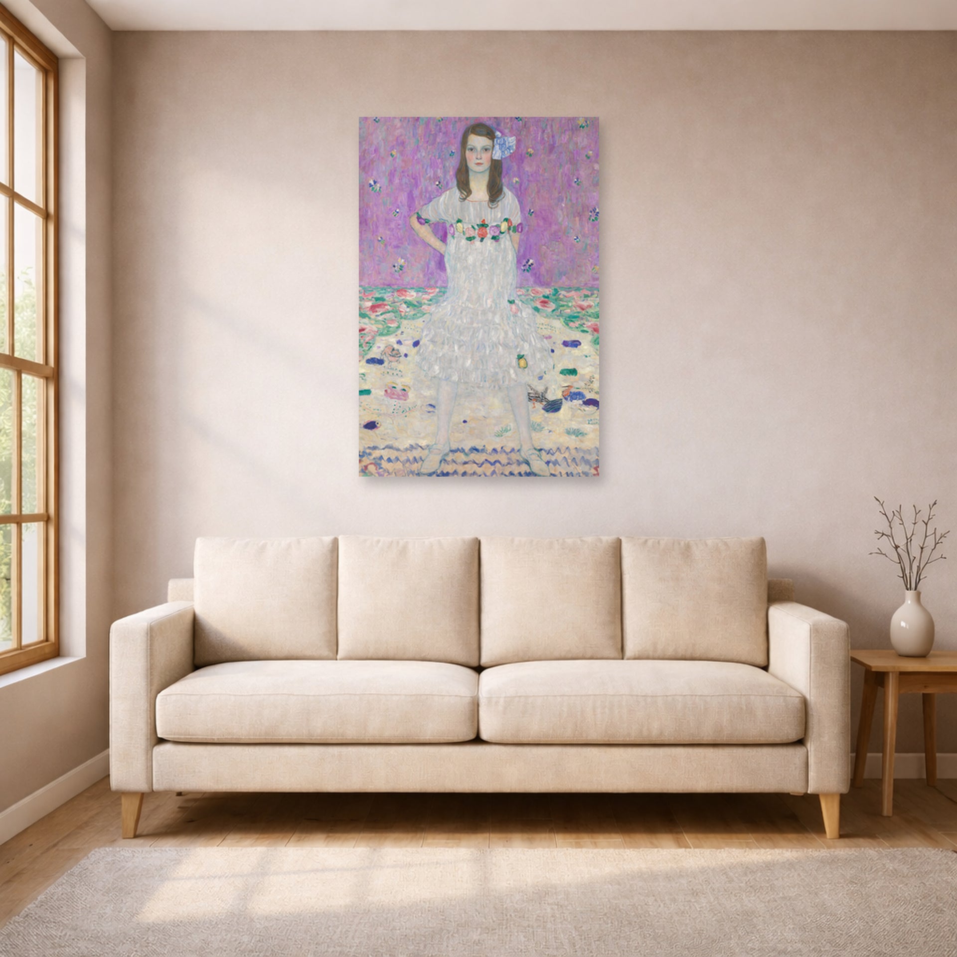 Unframed poster print of Gustav Klimt's 'Mäda Primavesi' displayed on a wall in a living room (image 1 of 2)