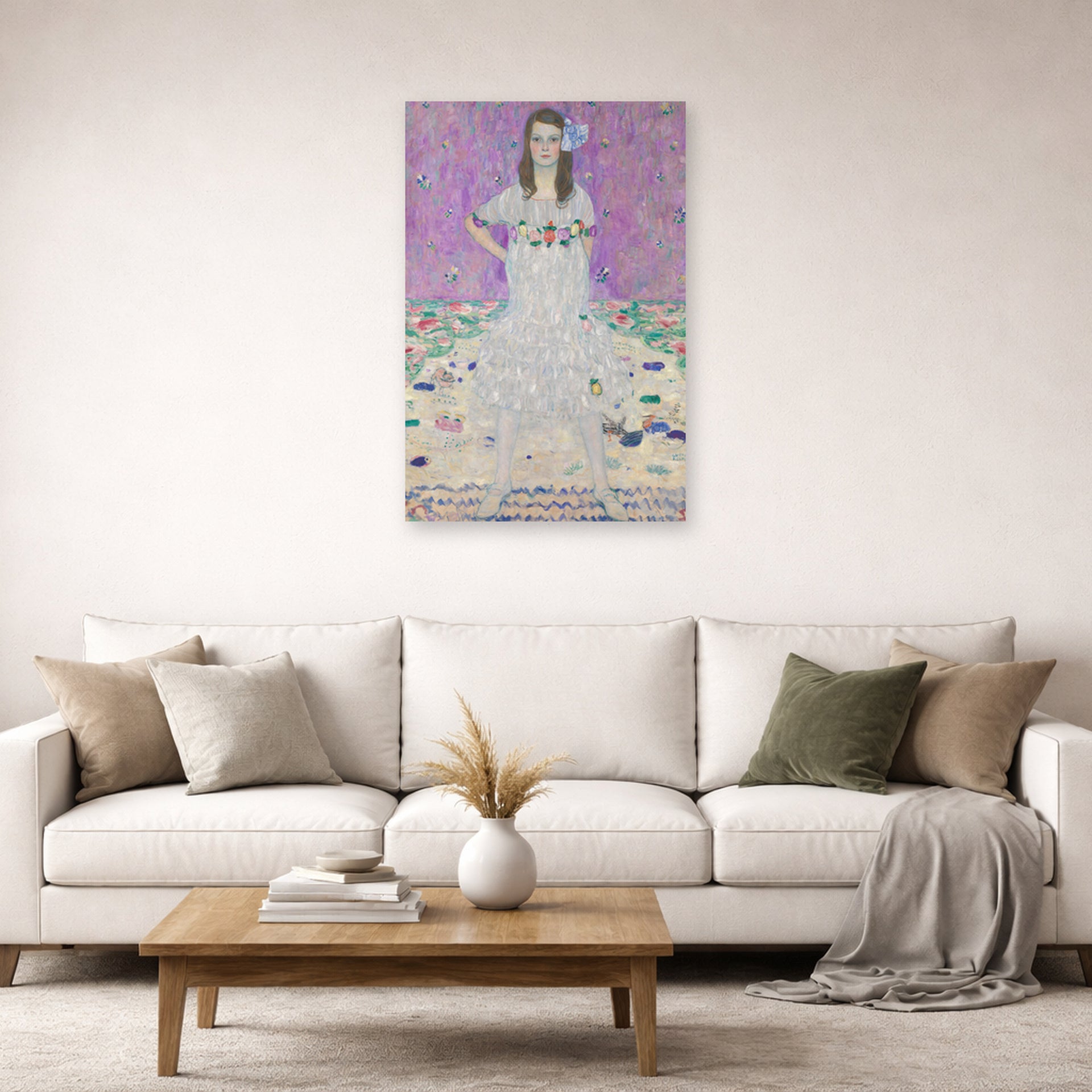 Unframed poster print of Gustav Klimt's 'Mäda Primavesi' displayed on a wall in a living room (image 2 of 2)
