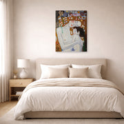 Gallery-wrapped canvas print of Gustav Klimt's 'Mother and Child' displayed on a wall in a bedroom