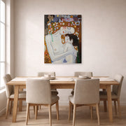 Gallery-wrapped canvas print of Gustav Klimt's 'Mother and Child' displayed on a wall in a dining room
