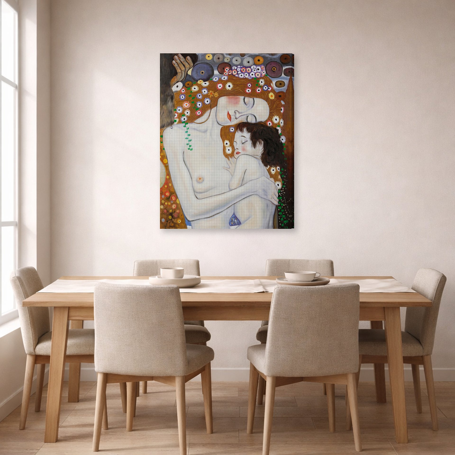 Gallery-wrapped canvas print of Gustav Klimt's 'Mother and Child' displayed on a wall in a dining room