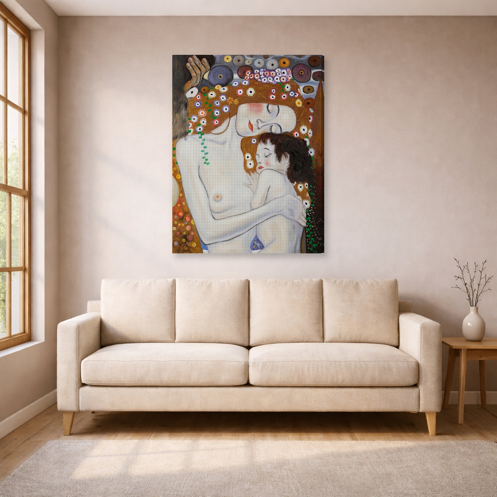 Gallery-wrapped canvas print of Gustav Klimt's 'Mother and Child' displayed on a wall in a living room (image 1 of 2)