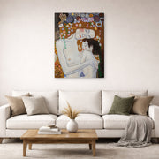 Gallery-wrapped canvas print of Gustav Klimt's 'Mother and Child' displayed on a wall in a living room (image 2 of 2)
