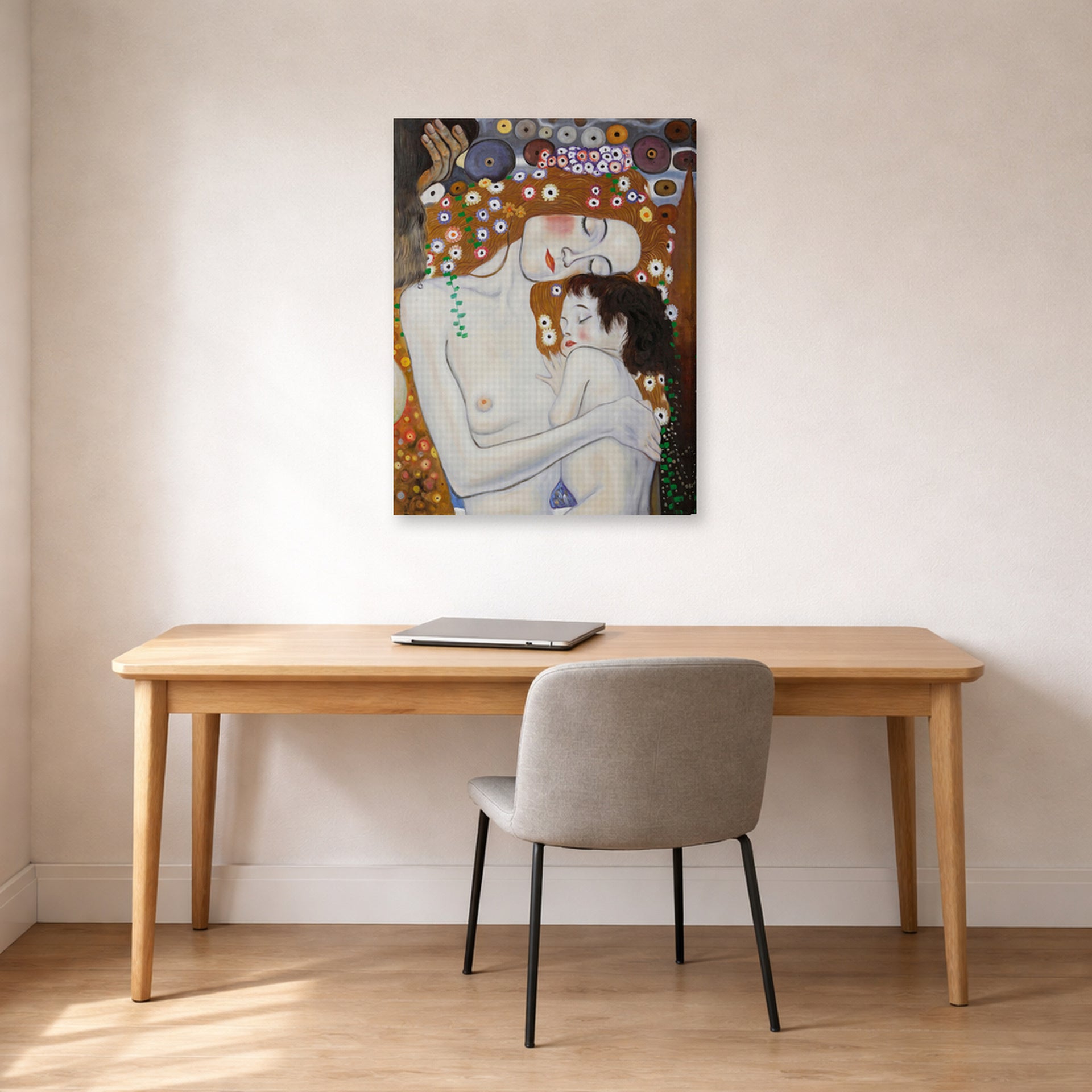 Gallery-wrapped canvas print of Gustav Klimt's 'Mother and Child' displayed on a wall in an office