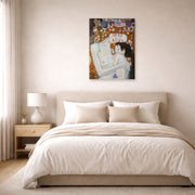 Unframed poster print of Gustav Klimt's 'Mother and Child' displayed on a wall in a bedroom