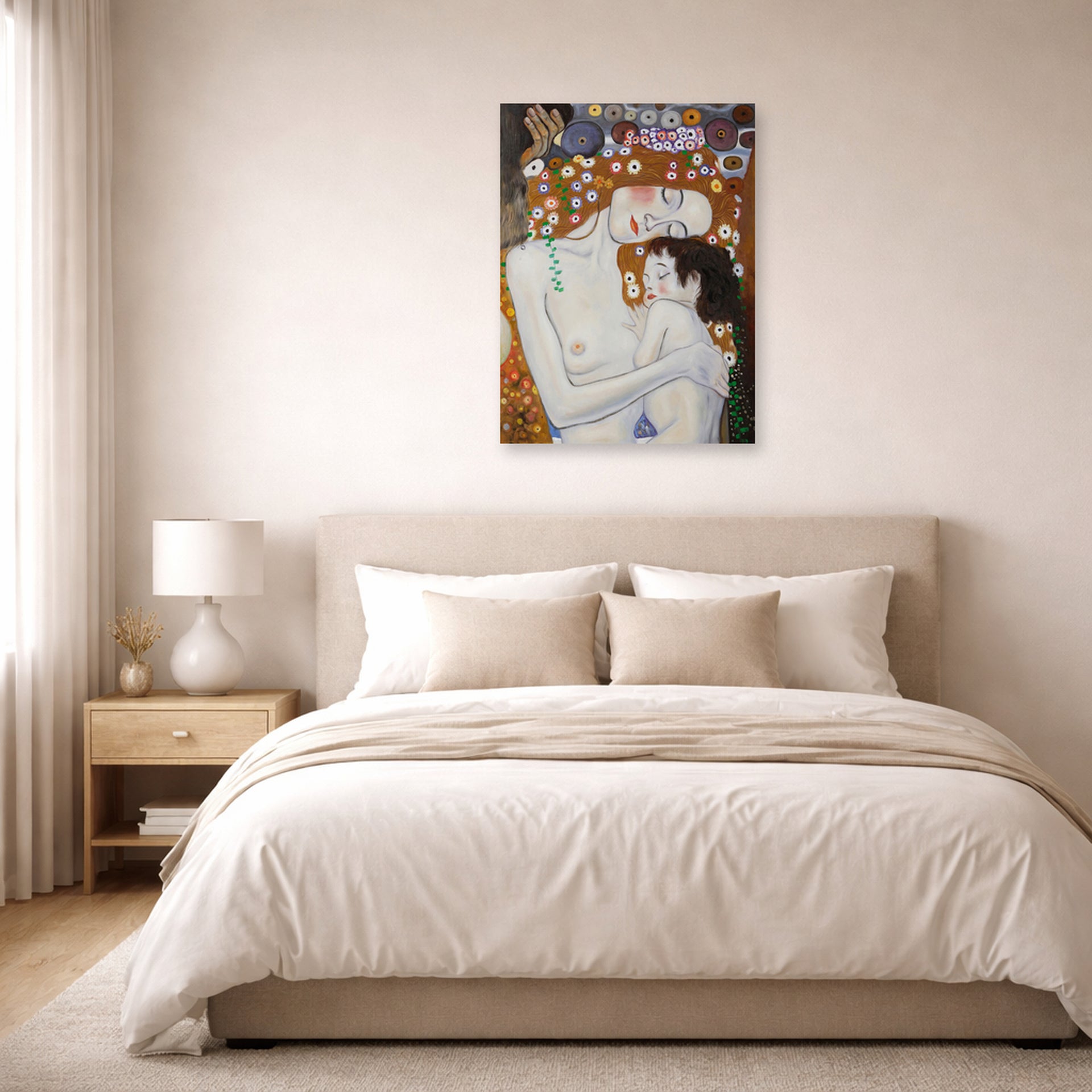 Unframed poster print of Gustav Klimt's 'Mother and Child' displayed on a wall in a bedroom