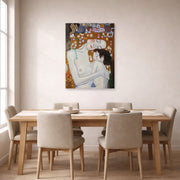 Unframed poster print of Gustav Klimt's 'Mother and Child' displayed on a wall in a dining room
