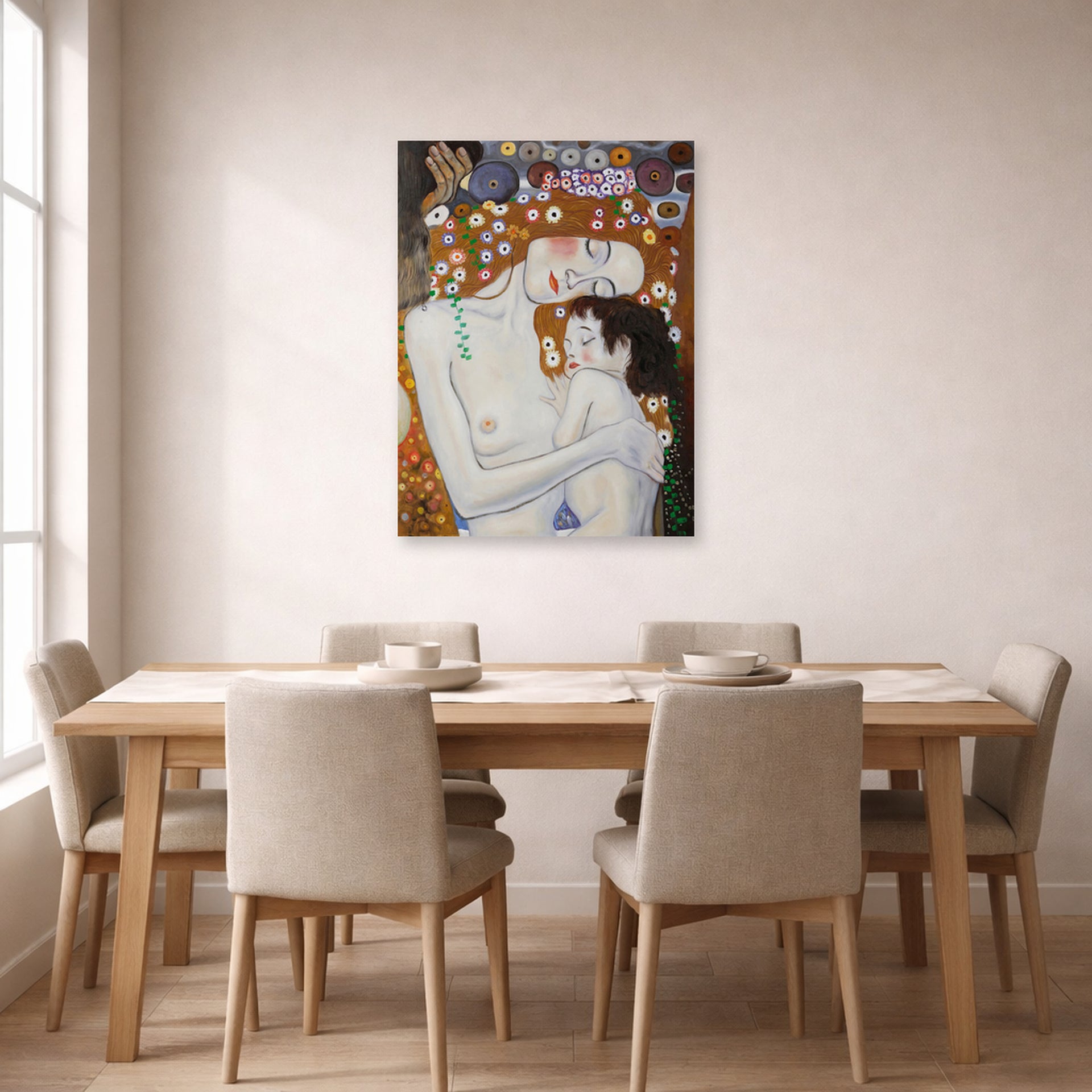 Unframed poster print of Gustav Klimt's 'Mother and Child' displayed on a wall in a dining room