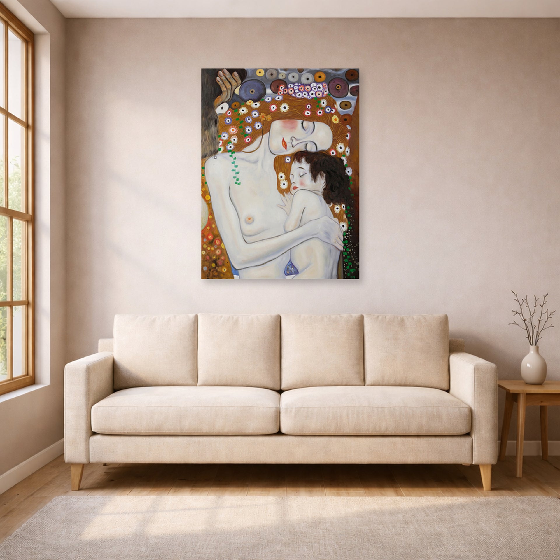 Unframed poster print of Gustav Klimt's 'Mother and Child' displayed on a wall in a living room (image 1 of 2)