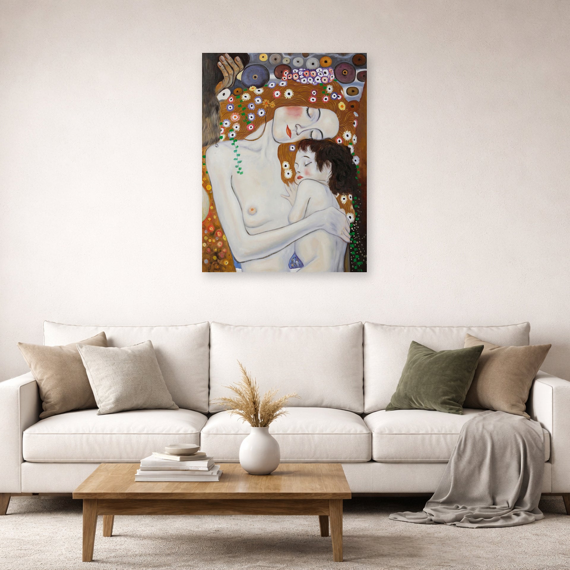 Unframed poster print of Gustav Klimt's 'Mother and Child' displayed on a wall in a living room (image 2 of 2)