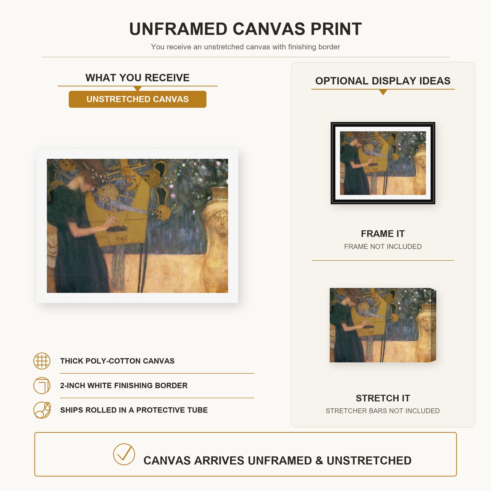 Gustav Klimt - Music canvas print size comparison and framing display infographic