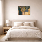 Gallery-wrapped canvas print of Gustav Klimt's 'Music' displayed on a wall in a bedroom