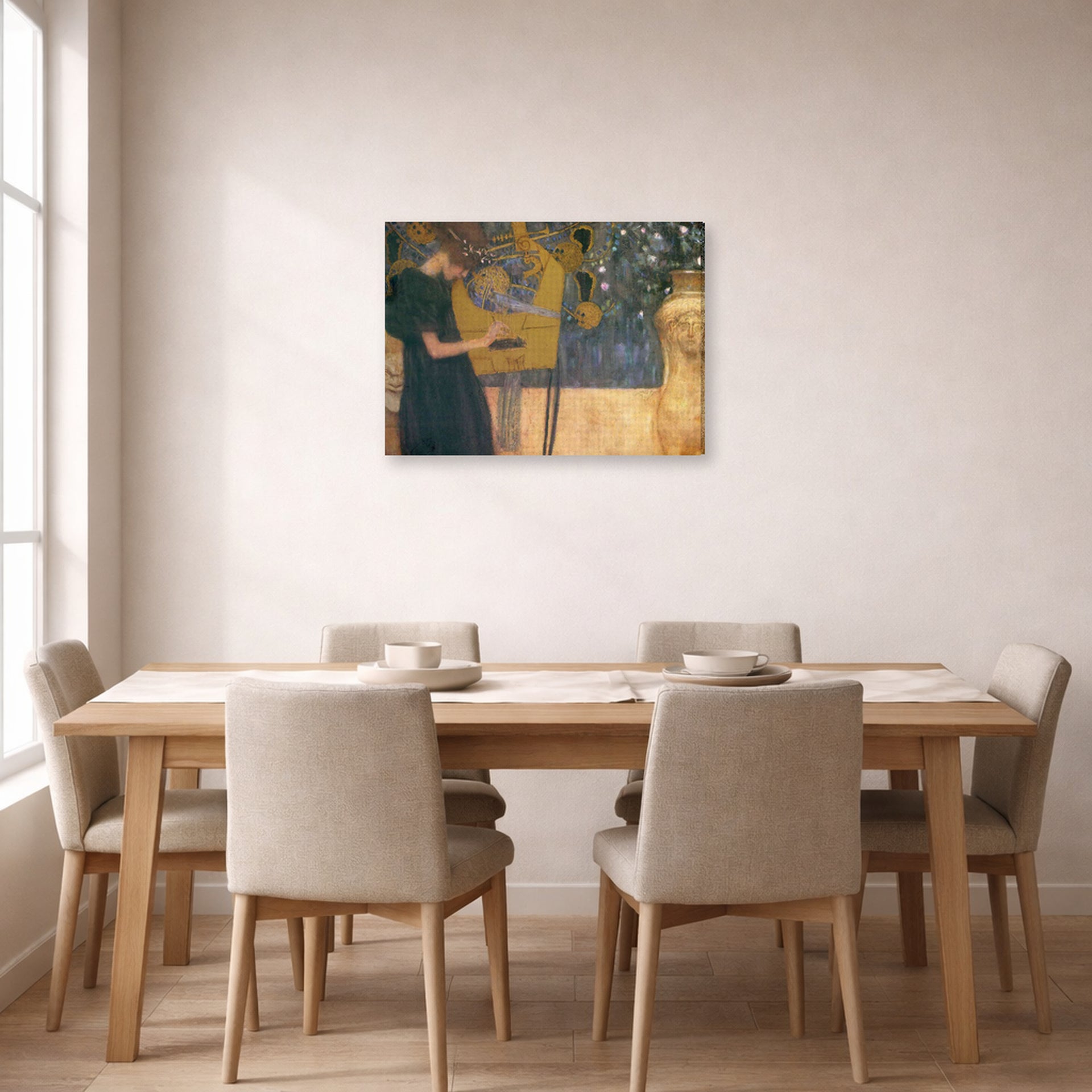 Gallery-wrapped canvas print of Gustav Klimt's 'Music' displayed on a wall in a dining room