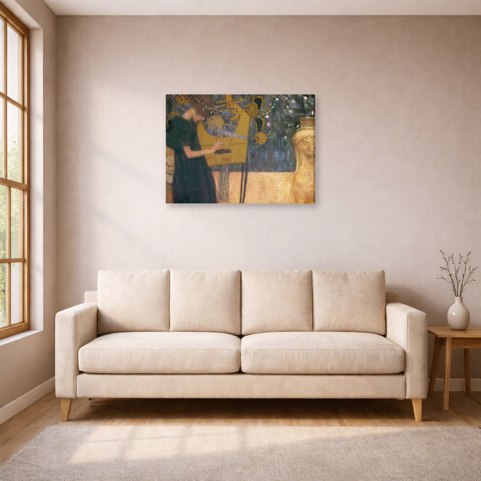 Gallery-wrapped canvas print of Gustav Klimt's 'Music' displayed on a wall in a living room (image 1 of 2)
