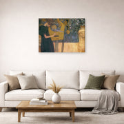 Gallery-wrapped canvas print of Gustav Klimt's 'Music' displayed on a wall in a living room (image 2 of 2)