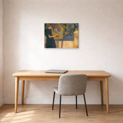 Gallery-wrapped canvas print of Gustav Klimt's 'Music' displayed on a wall in an office