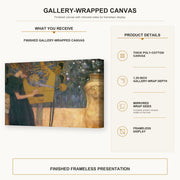 Gustav Klimt - Music gallery wrap canvas construction and hanging details infographic