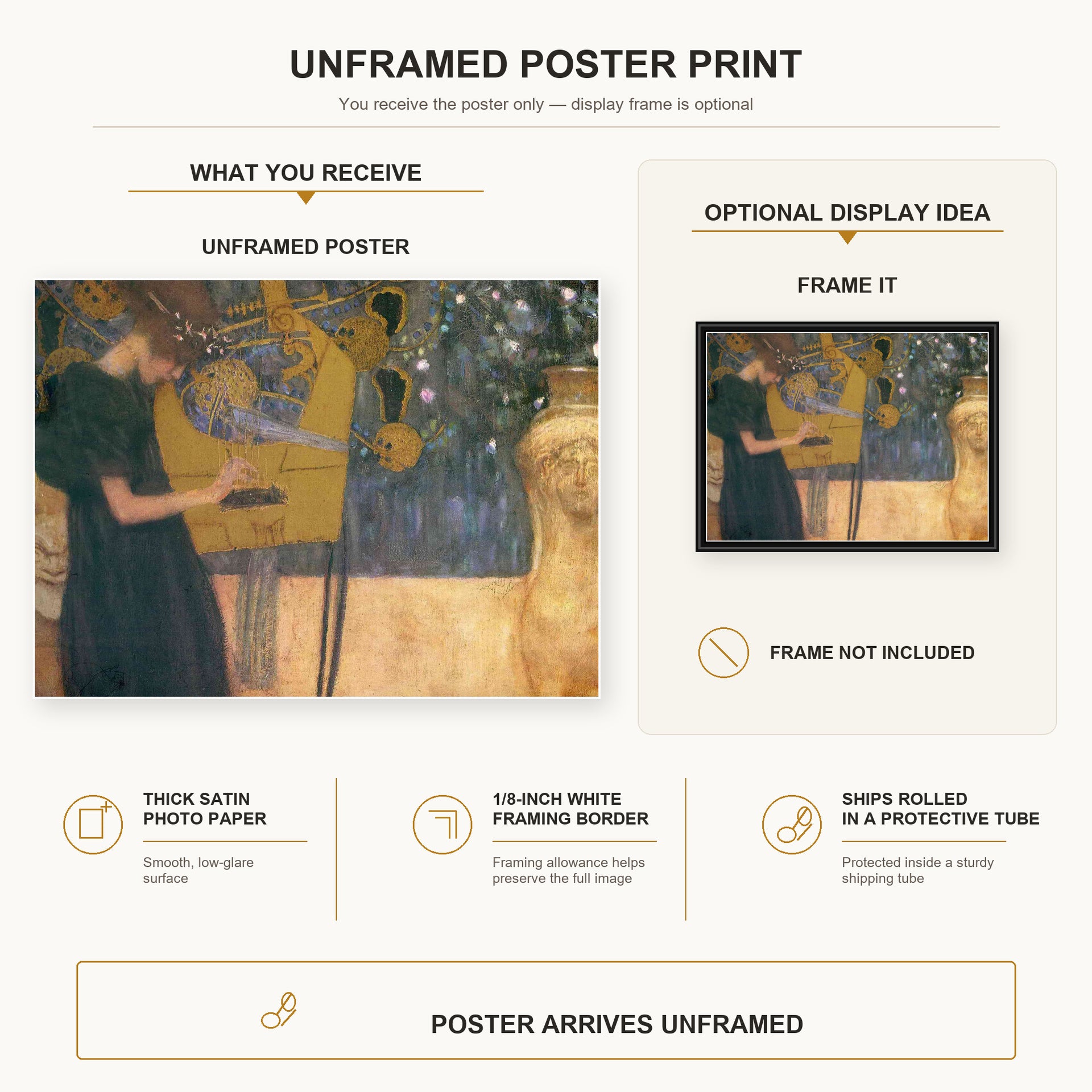 Gustav Klimt - Music poster print size comparison and framing display infographic