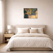 Unframed poster print of Gustav Klimt's 'Music' displayed on a wall in a bedroom