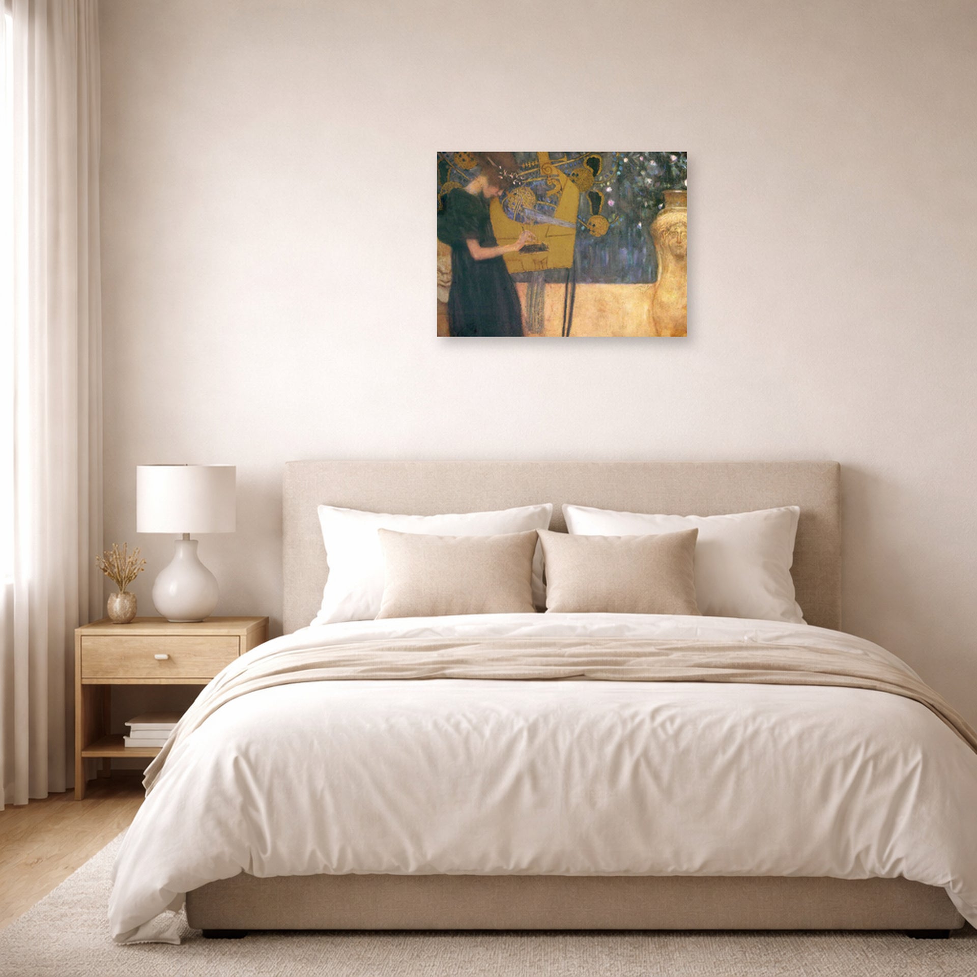 Unframed poster print of Gustav Klimt's 'Music' displayed on a wall in a bedroom