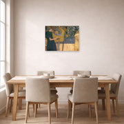 Unframed poster print of Gustav Klimt's 'Music' displayed on a wall in a dining room