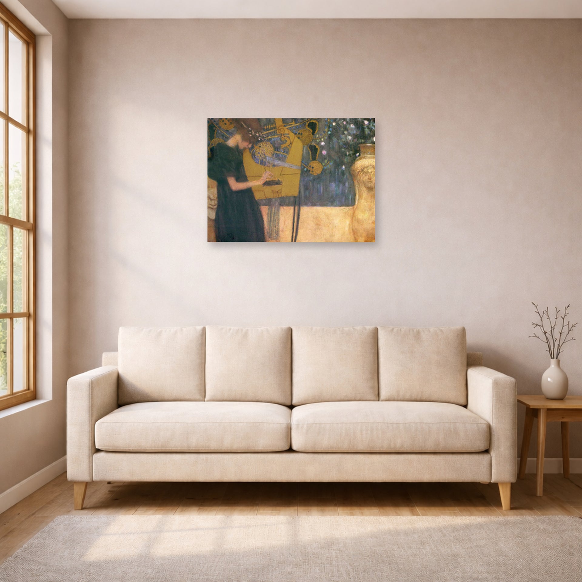 Unframed poster print of Gustav Klimt's 'Music' displayed on a wall in a living room (image 1 of 2)
