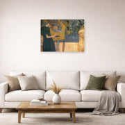 Unframed poster print of Gustav Klimt's 'Music' displayed on a wall in a living room (image 2 of 2)