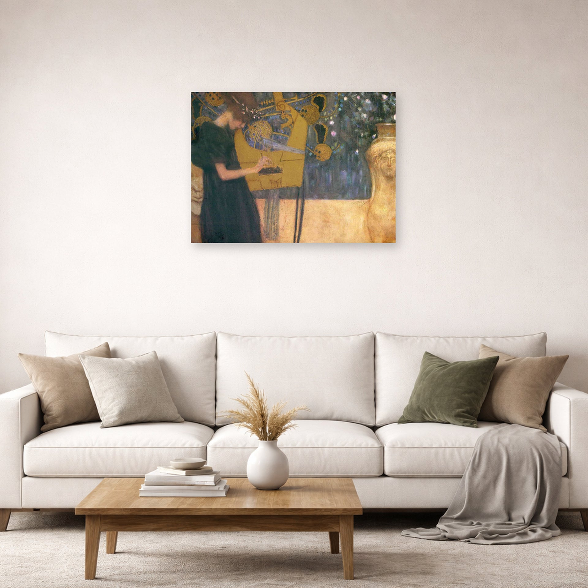 Unframed poster print of Gustav Klimt's 'Music' displayed on a wall in a living room (image 2 of 2)