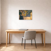 Unframed poster print of Gustav Klimt's 'Music' displayed on a wall in an office
