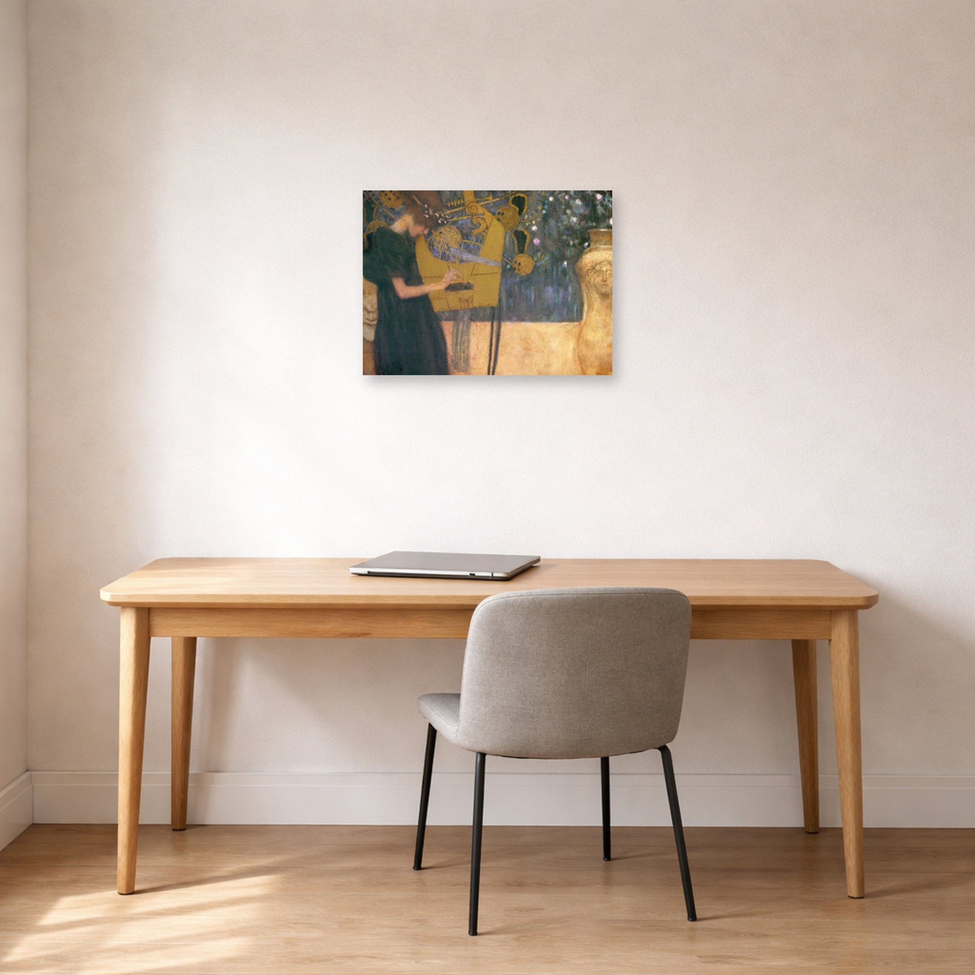 Unframed poster print of Gustav Klimt's 'Music' displayed on a wall in an office